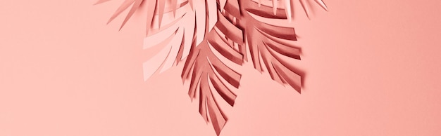 Vista superior de hojas de palma cortadas en papel de colores sobre fondo rosa plano panorámico