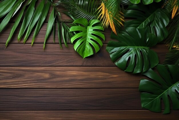 Foto vista superior de hojas tropicales en la mesa de madera para ai generativo de fondo