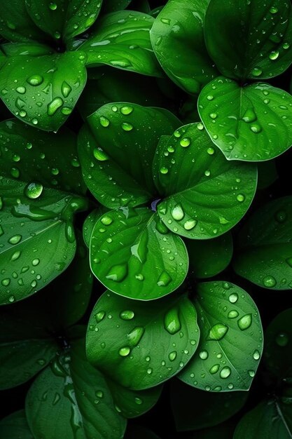 vista superior hojas verdes frescas con textura de gotas de lluvia