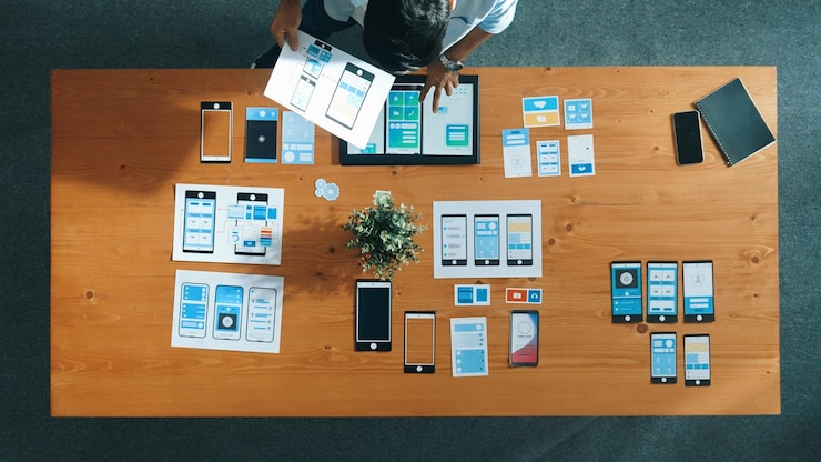 Foto vista superior de un hombre de negocios cualificado mirando y eligiendo la convocatoria de diseño ux ui
