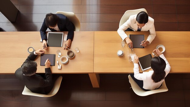 Vista superior de hombres de negocios sentados en la mesa 3D