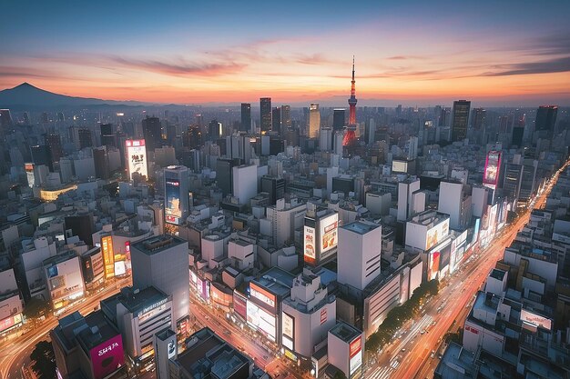 Foto vista superior del horizonte de la ciudad de tokio, el área de shinjuku y shibuya al atardecer en japón