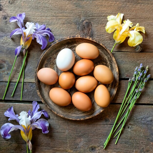 Vista superior de huevos de gallina para colorear con pinturas y flores de iris sobre mesa de madera
