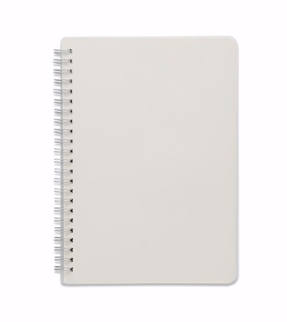 Vista superior de la imagen abierta del cuaderno espiral en blanco o el bloc de notas blanco aislado y fondo blanco con trazado de recorte