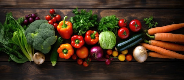 Vista superior de una imagen de alta resolución que muestra verduras frescas dispuestas sobre una mesa de madera antigua