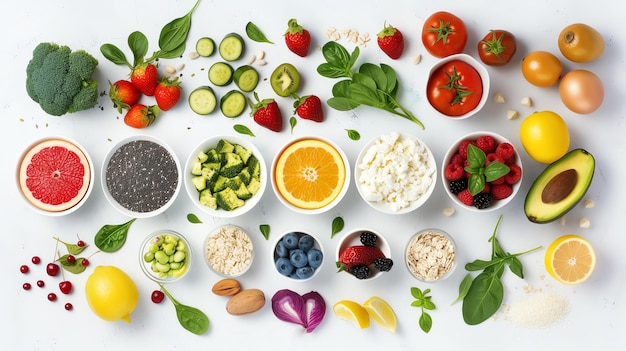 Foto vista superior de los ingredientes de los alimentos saludables frutas y verduras orgánicas bayas nueces semillas y granos dispuestos sobre un fondo blanco concepto de alimentación limpia