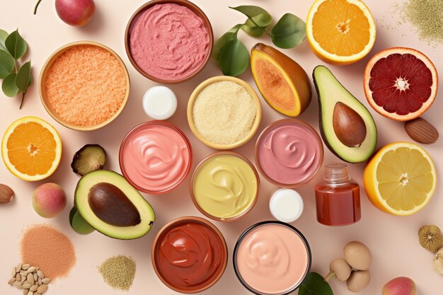 Foto vista superior de los ingredientes cosméticos para el cuidado de la piel alimentos saludables con elementos saludables y colores brillantes