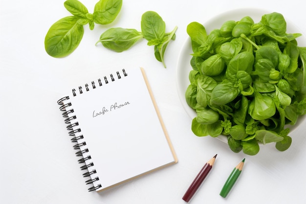 Foto vista superior de la inscripción de vida saludable en el cuaderno en espiral en paquetes de verduras frescas en la mesa blanca