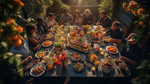 Vista superior de los invitados disfrutando de una fiesta de verano en un hermoso jardín Una familia de barbacoa reunida con una mesa y una decoración vibrante