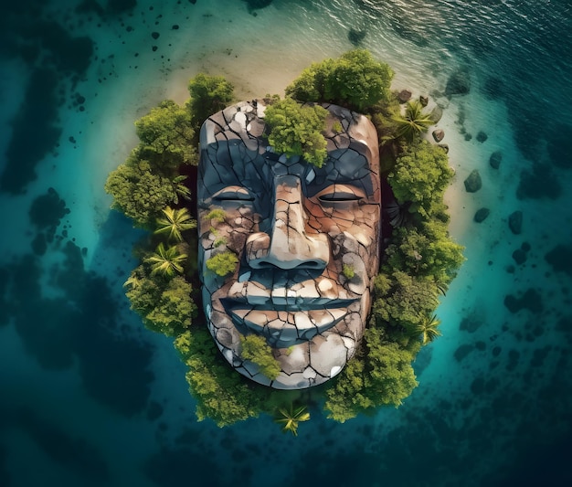 Una vista superior de una isla con forma de rostro humano al estilo de paisajes imaginativos