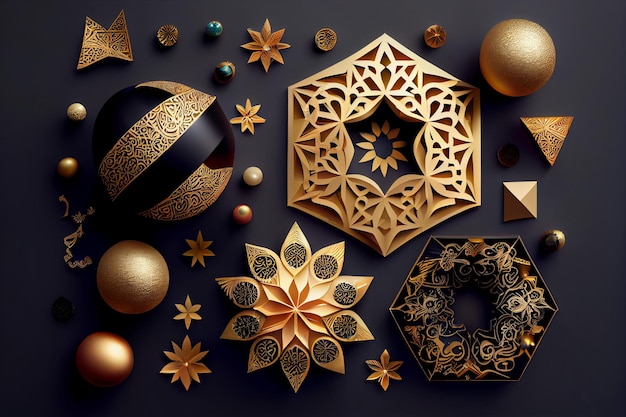 vista superior islámica ramadan kareem y elementos decorativos de año nuevo