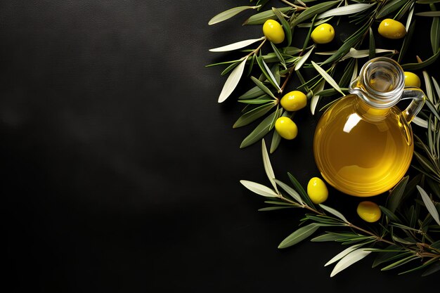 Vista superior de la jarra de fondo blanco con aceitunas y hojas de aceite de oliva
