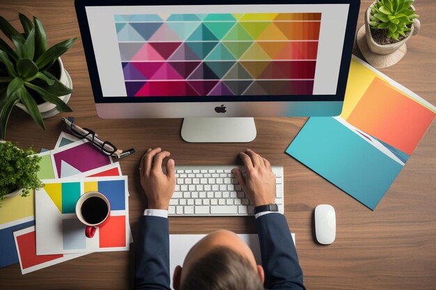 Vista superior de un joven diseñador gráfico trabajando en una computadora de escritorio y usando algunas muestras de color