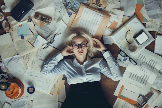Una vista superior de una joven empresaria escandinava tirada en el suelo llena de papeles y documentos en una escena de oficina IA generativa AIG30