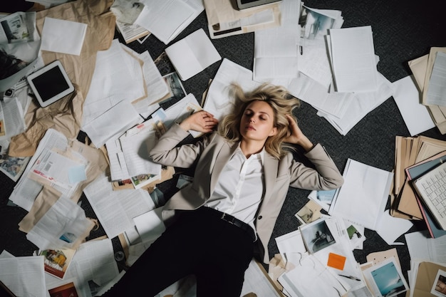 Foto una vista superior de una joven empresaria escandinava tirada en el suelo llena de papeles y documentos en una escena de oficina ia generativa aig30