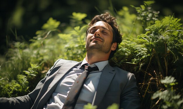 Vista superior del joven hombre de negocios con traje, la hierba acostada, disfrutando de la naturaleza, la relajación, la meditación y la paz.