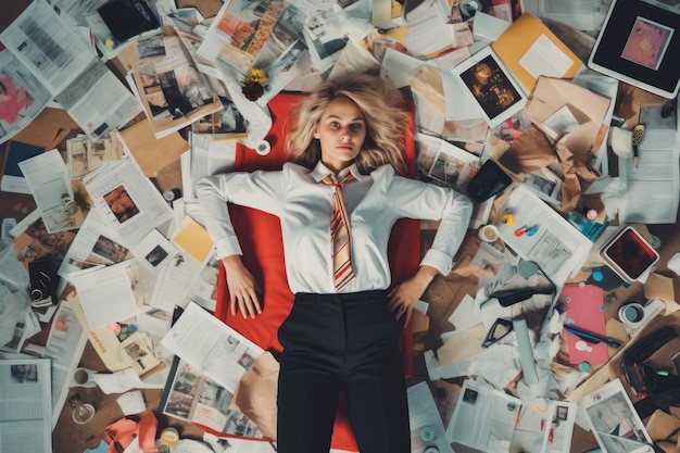 Foto una vista superior de una joven mujer de negocios escandinava tendida en el suelo que está llena de papeles y documentos en una escena de oficina imagen de ia generativa aig30