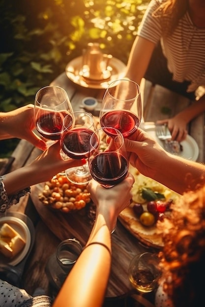 vista superior de jóvenes hermosas personas haciendo sonar vasos mientras están sentadas en la mesa y haciendo un picnic