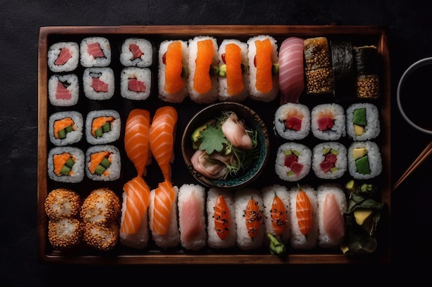 Vista superior del juego de rollos de sushi grande Plano con mucho sushi y rollos IA generativa