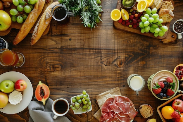 Foto vista superior del jugo de café, el pan de frutas y la carne en la mesa