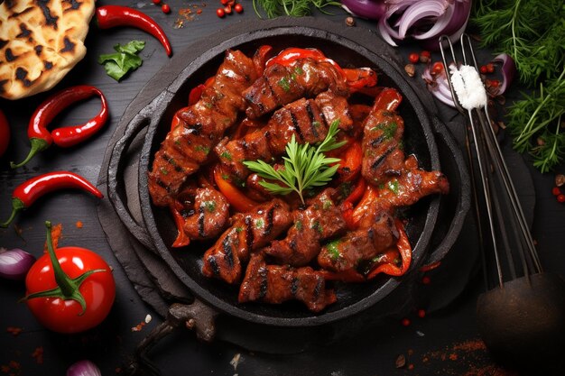 Vista superior del kebab iskender adornado con salsa de tomate