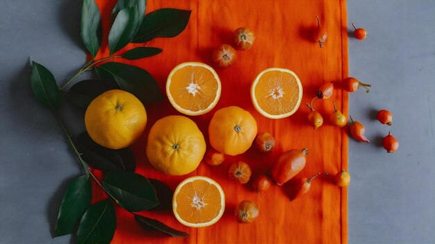 Foto vista superior laranjas cortadas cão roseiras feijoas toalha de mesa laranja em mesa cinzenta