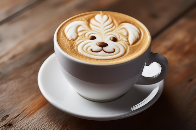 Vista superior del latte con perro arte latte espuma capuchino arte fondo de mesa de madera AI generado