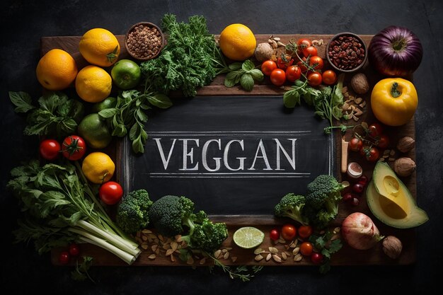 vista superior de letras veganas en pizarra