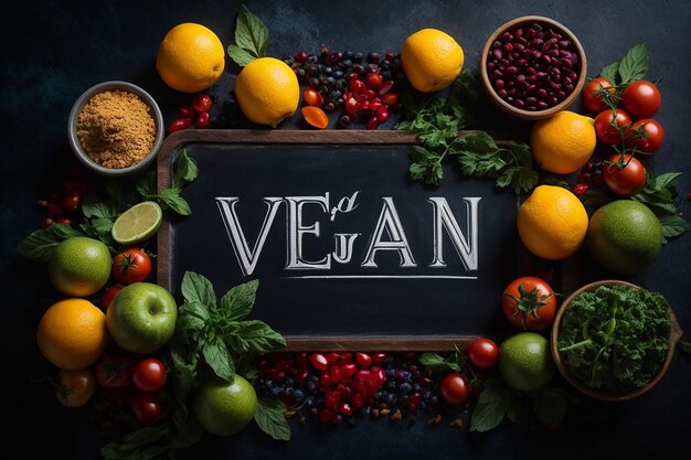 vista superior de letras veganas en pizarra