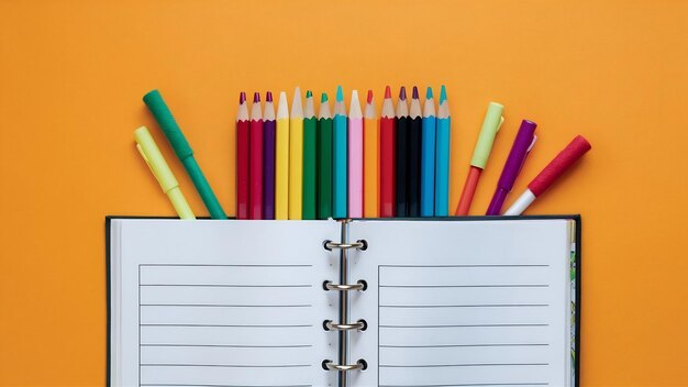 Foto vista superior libro abierto con lápices de colores y bolígrafos de fieltro en la superficie naranja