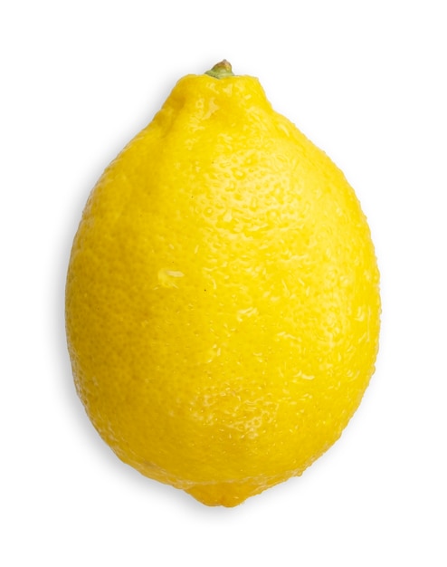 Vista superior de limón amarillo con gota de agua aislada en blanco. trazado de recorte de limón