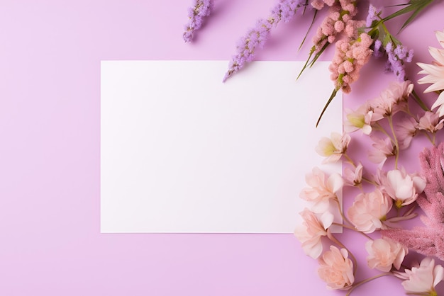 Vista superior de una lista de papel en blanco con flores en un espacio de copia de fondo púrpura pastel
