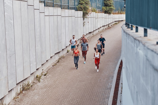 Vista superior de longitud completa de jóvenes en ropa deportiva trotar mientras hacen ejercicio al aire libre