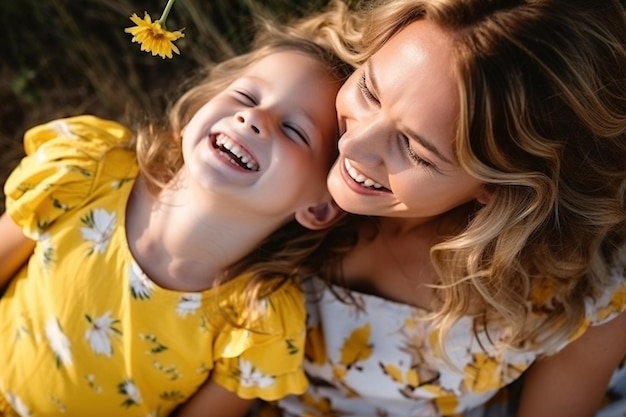 Vista superior de una madre y su hija riendo alegremente