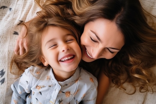 Vista superior de una madre y su hija riendo alegremente