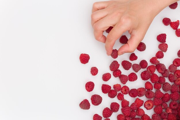 Foto vista superior de la mano de la mujer recogiendo frambuesas orgánicas frescas de la mesa blanca bayas de verano sobre fondo de vidrio blanco postre o merienda saludable verano y concepto de comida saludable