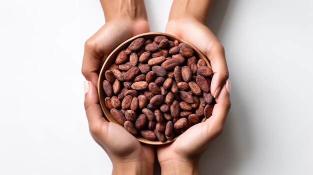 Vista superior de una mano que sostiene granos de cacao en un contexto limpio IA generativa