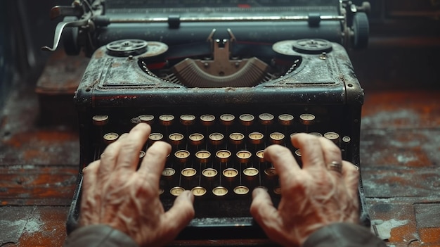 Vista superior de las manos humanas escribiendo en una vieja máquina de escribir retro