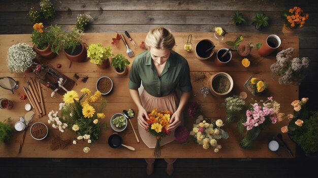 Foto vista superior manos de mujer sosteniendo un cuenco de hierbas especias en una mesa de madera