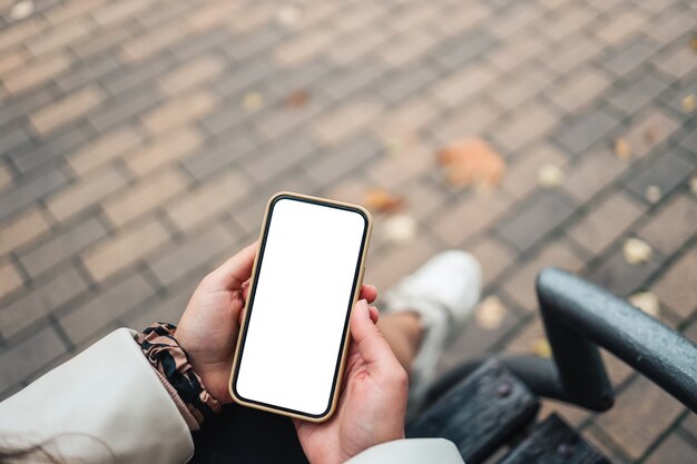 Vista superior de las manos de una mujer sosteniendo un teléfono inteligente con espacio de copia de pantalla en blanco blanco en el jardín de otoño