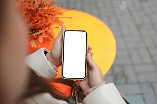 Vista superior de las manos de una mujer sosteniendo un teléfono inteligente con espacio de copia de pantalla en blanco blanco en el jardín de otoño