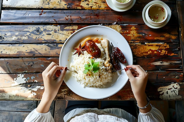 Vista superior de las manos toma frutas de dátiles o kurma en el plato blanco y come arroz