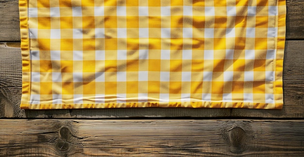 Foto vista superior de un mantel a cuadros amarillo en una mesa de madera vacía con fondo de bandera concepto de alimentos