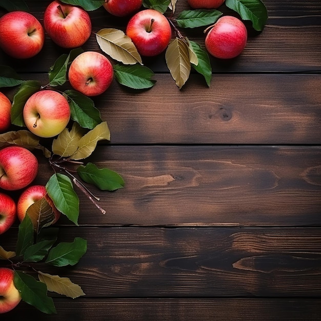 Vista superior de manzanas y hojas en la mesa de madera espacio libre para texto