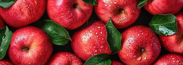 Vista superior de las manzanas rojas con gotas de agua dulce vibrantes frutas de manzana saludables