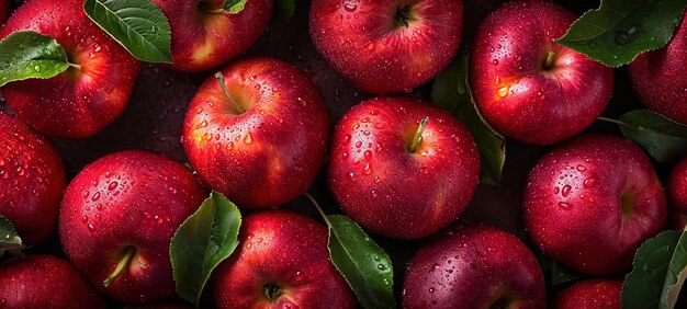 Vista superior de las manzanas rojas con gotas de agua dulce vibrantes frutas de manzana saludables
