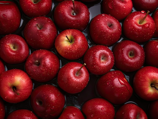 Vista superior de manzanas rojas en una superficie de agua