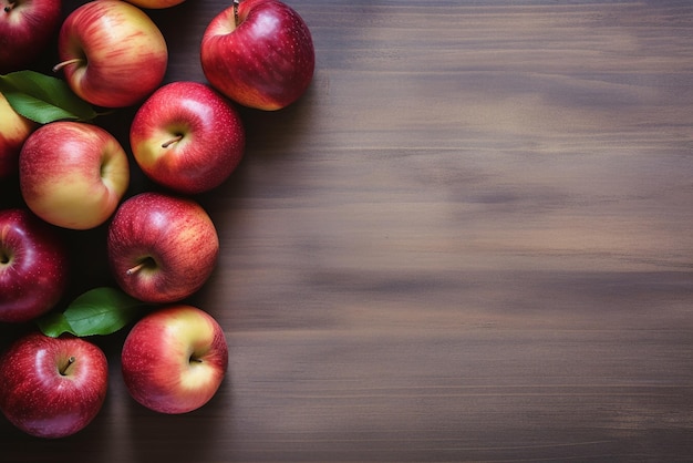 Vista superior de las manzanas sobre la mesa de madera de luz creada con herramientas de IA generativas