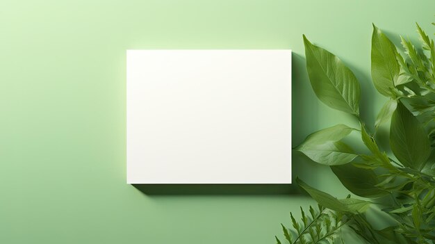 Vista superior de una maqueta de tarjeta en blanco sobre un fondo verde con luz solar y sombra plantilla de marca de negocios minimalista de color neutro