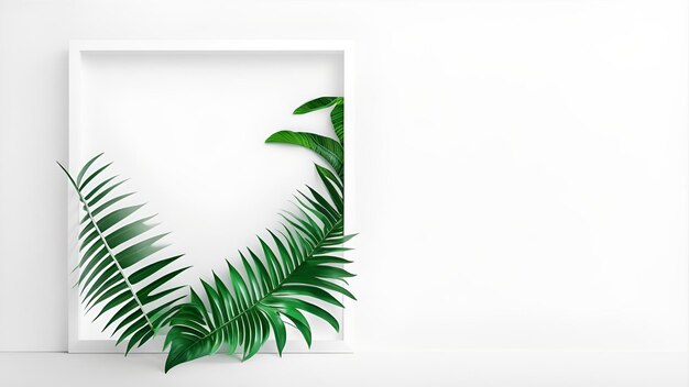 vista superior del marco blanco sobre imágenes de fondo de hojas tropicales con ai generada